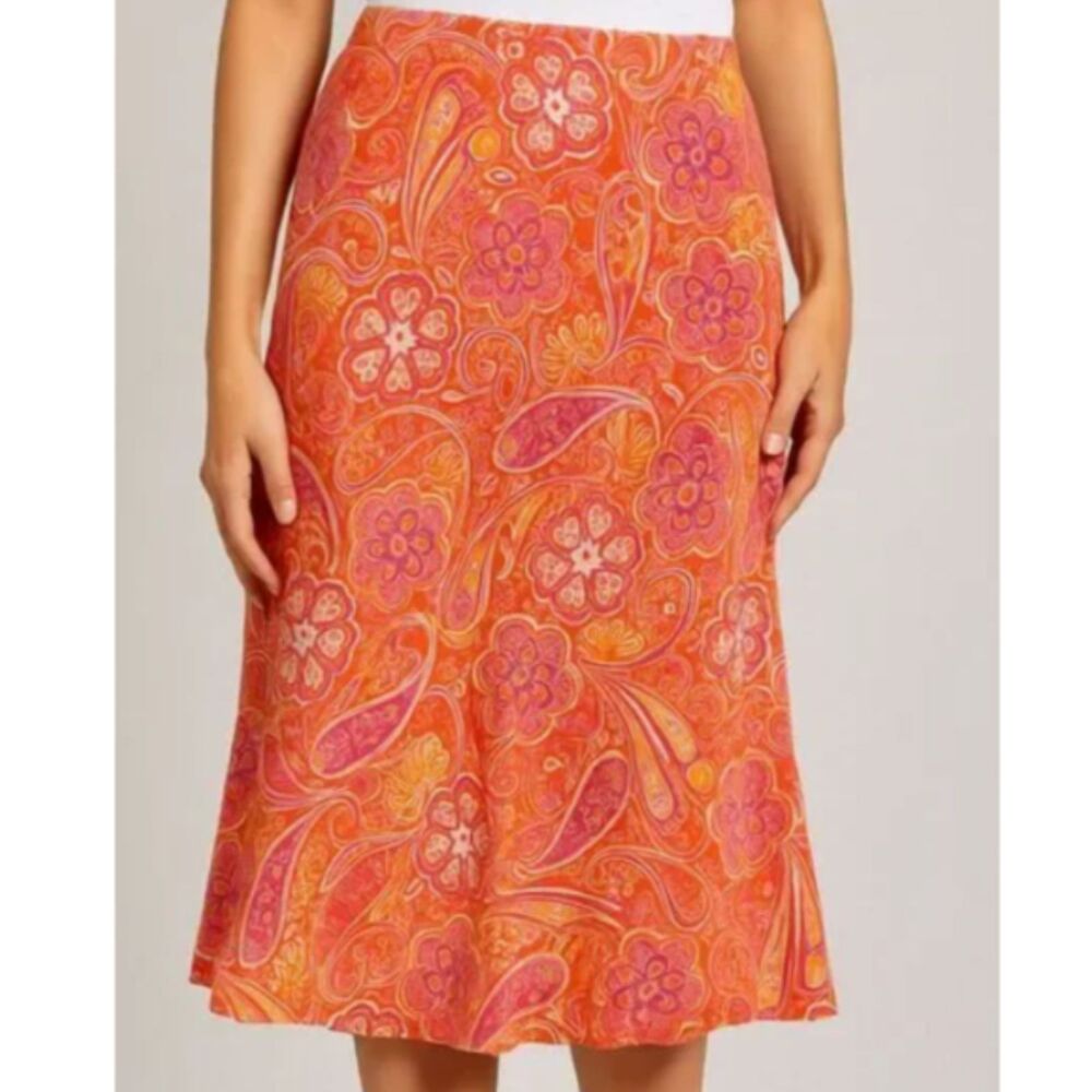 Coldwater Creek Orange Floral Paisley Linen Blend Skirt Size Small